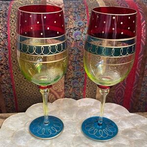 Pier 1 Colorful Wine Glass Set with Red and Blue Accents